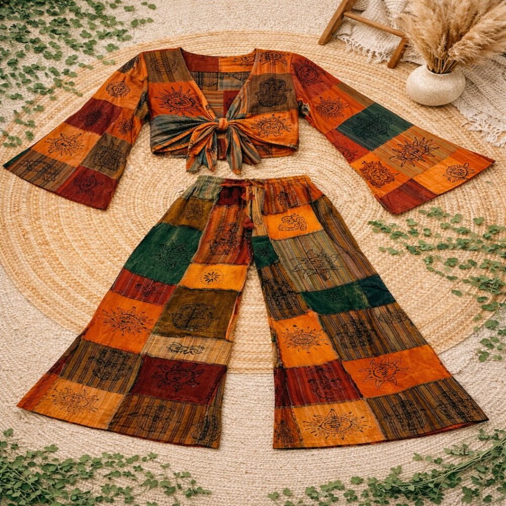 Boho Patchwork 2 Piece Set Wide Leg Pants Tie Front Crop Top Festival Outfit